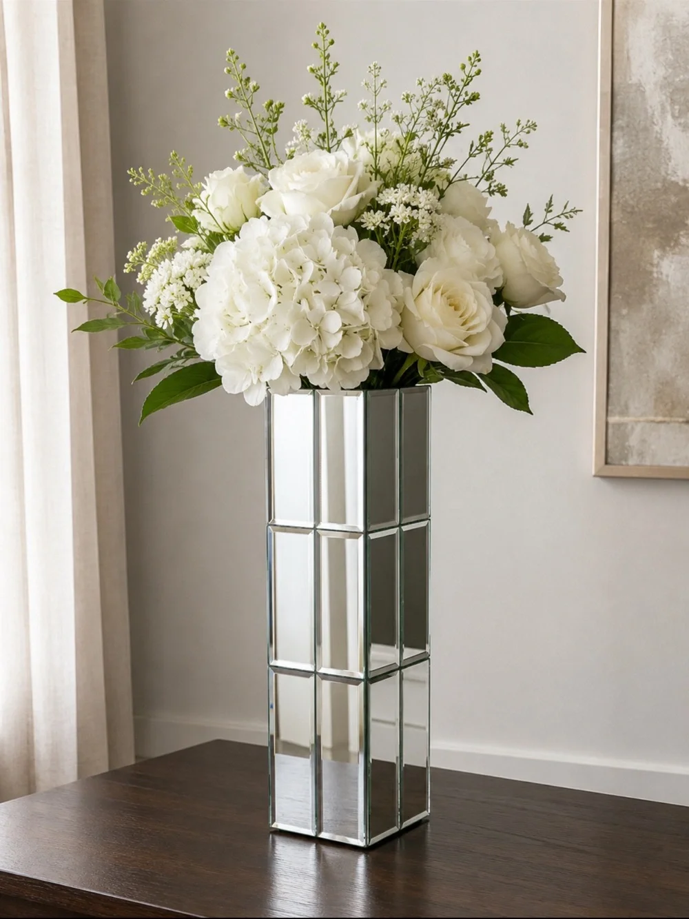 Tall Mirrored Glass Column Vase  15” geometric floral decor silver